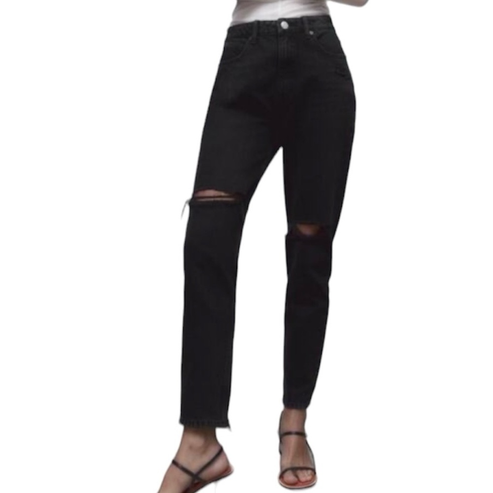 Zara High Waisted Mom Jeans Black Ripped Knee Grunge 90s Punk 4